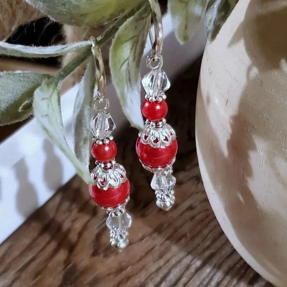 Red Glass Pearl Sterling Silver Plated Handcrafted Dangle Earrings - Picture 4 of 11